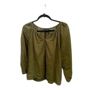 GAP Womens Small Olive Green Cotton Plaid Texture Boho Henley Peasant Blouse Top
